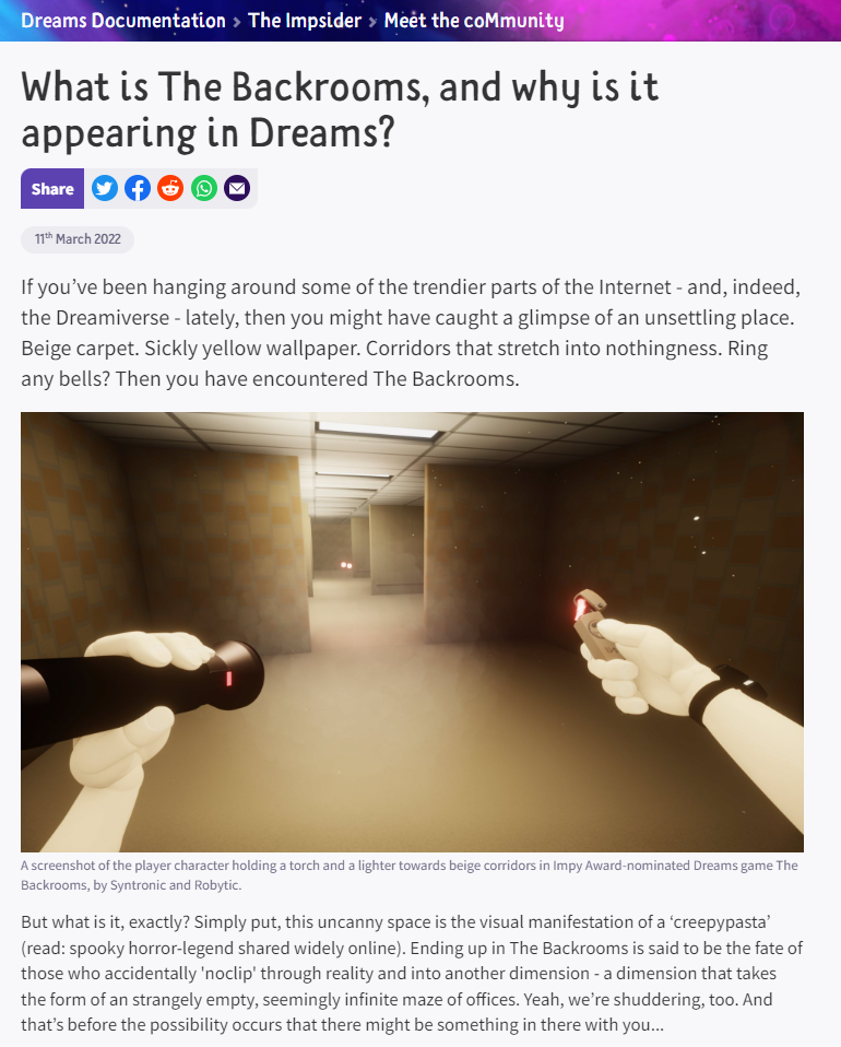 An image of an Impsider article about the Backrooms, a trend on the Internet and in Dreams, where creators design creepy and unsettling liminal spaces.